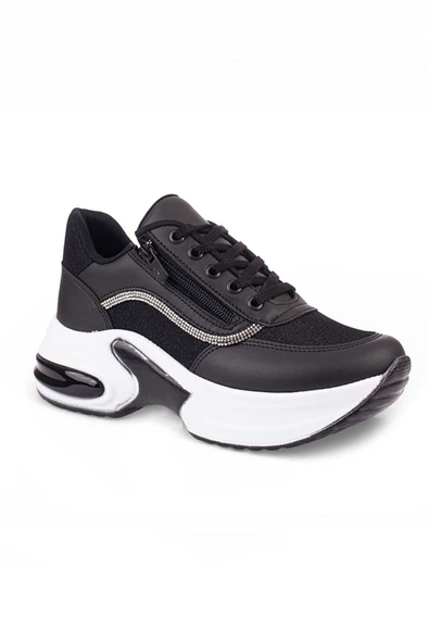 Modalendo 1511-26 Cilt Deri Simli Şeritli Anatomik Bağcıklı Kadın Sneaker Siyah Beyaz ürün görseli 1