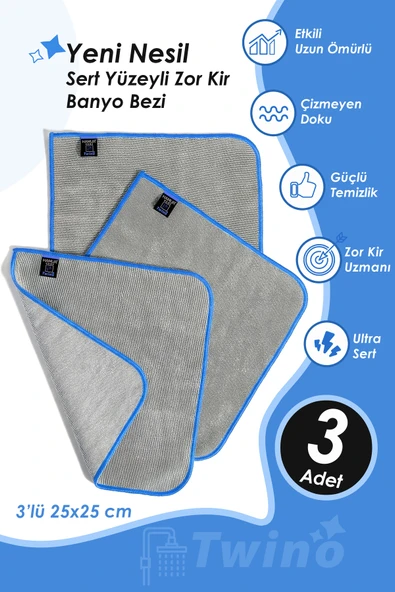 Twino 3'lü Güçlü Temizlik Bezi 25x25 Ultra Sert Banyo Lavabo Duşakabin Zor Kir Teli Ovma Bezi ürün görseli 1