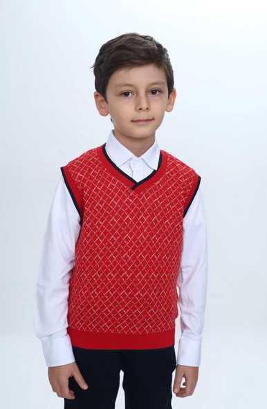Toontoy Erkek Çocuk Regular Fit V Yaka Kare Desenli Okul Süveter - Garni & 2 İplik ürün görseli 1