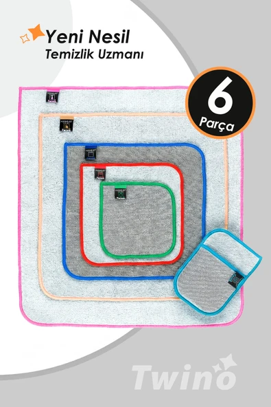 Twino 6 Prç Deneyim Seti Microfiber Zor Kir Temizlik Mutfak Banyo Bulaşık Teli Temizleme Ovma Bezi ürün görseli 1