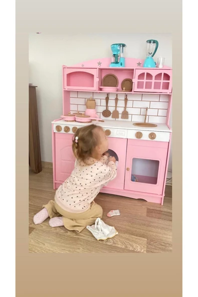 Özka Hobi Ahşap özka hobi pembe tencere ve tava setli mutfak seti ürün görseli 1