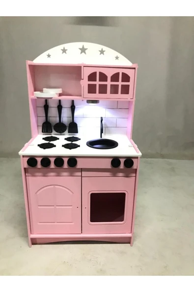 Özka Hobi Ahşap ÖZKA 2 KAPAKLI PEMBE AHŞAP OYUNCAK MUTFAK SETİ ürün görseli 1