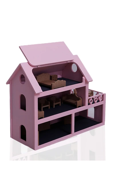 Özka Hobi Ahşap Özka Boyalı Çatısı Açılır Barbie Evi(Ham Aksesuarlı) ürün görseli 1