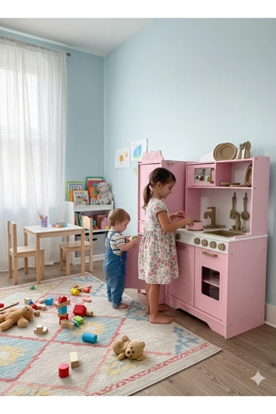 Özka Hobi Ahşap özka pembe buzdolaplı tencere ve tava setli mutfak seti ürün görseli 1