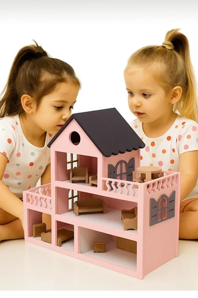 Özka Hobi Ahşap Pembe Boyalı Barbie Evi, Ham Aksesuarlı, Eğlenceli ve Renkli Oyun Alanı ürün görseli 1