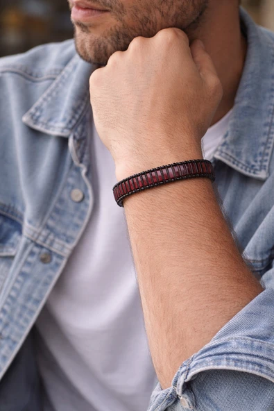 Crimson Circuit – Bordo & Siyah Modern Erkek Bileklik-1384 ürün görseli 1