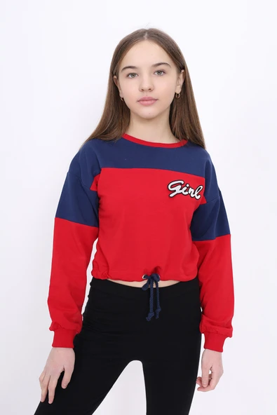 Toontoy Kız Çocuk Relax Fit Yuvarlak Yaka Düşük Omuz Renk Bloklu Baskılı Crop Sweatshirt - Beli Ayarlanabilir &2 İplik ürün görseli 1