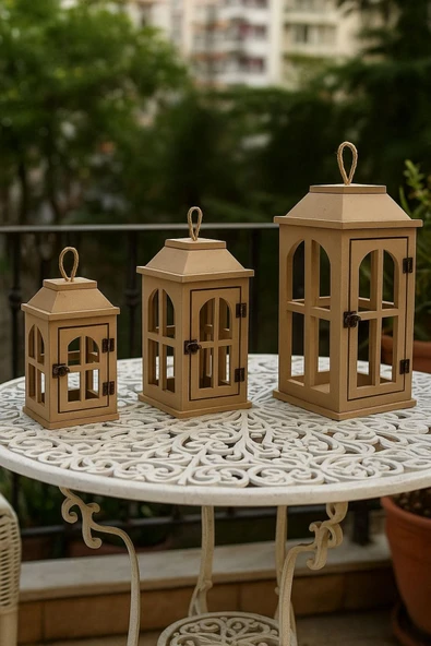 Özka Hobi Ahşap özka hobi dekoratif 3'lü mini fener takımı (12X12X21,13X13X27, 15X15X32) ürün görseli 1