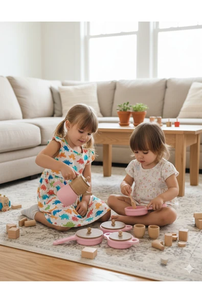 Özka Hobi Ahşap özka hobi pembe ve ahşap boyalı tencere ve tava seti ürün görseli 1