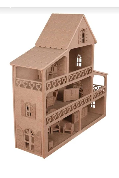 Özka Hobi Ahşap Ahşap Oyuncak Barbie Evi + Ahşap Minyatür Oyuncak Mobilya Takımı ürün görseli 1