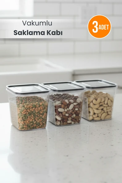 3'lü Şeffaf Sızdırmaz Vakumlu Erzak Saklama Kabı Bakliyat Saklama Kutusu 1,6 L ürün görseli 1