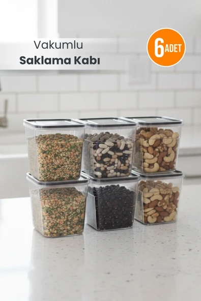 6'lı Şeffaf Sızdırmaz Vakumlu Erzak Saklama Kabı Bakliyat Saklama Kutusu 1,6 L ürün görseli 1