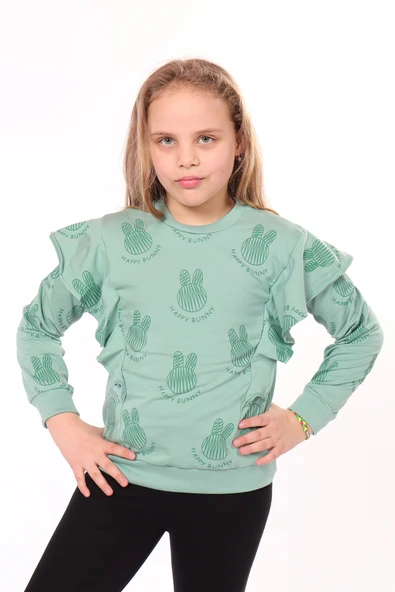 Toontoy Kız Çocuk Regular Fit Bisiklet Yaka Fırfırlı Baskılı Sweatshirt - 2 İplik ürün görseli 1