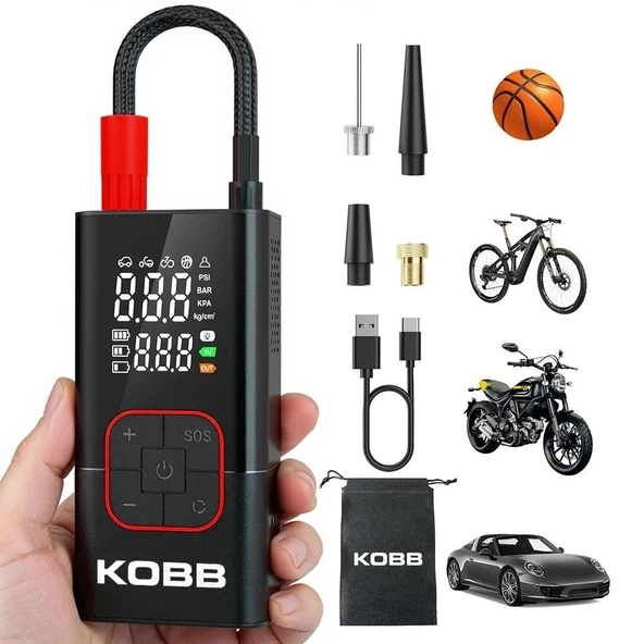 KOBB KB412 Li-ion Şarjlı 150 PSI Dijital Göstergeli Akıllı Lastik Şişirme Pompası+ Powerbank + SOS + Led Lamba ürün görseli 1