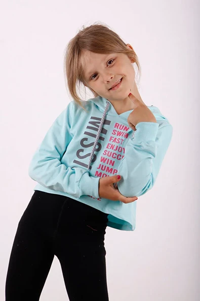 Toontoy Kız Çocuk Relax Fit Kapüşonlu Baskılı Crop Sweatshirt - 2 İplik ürün görseli 1