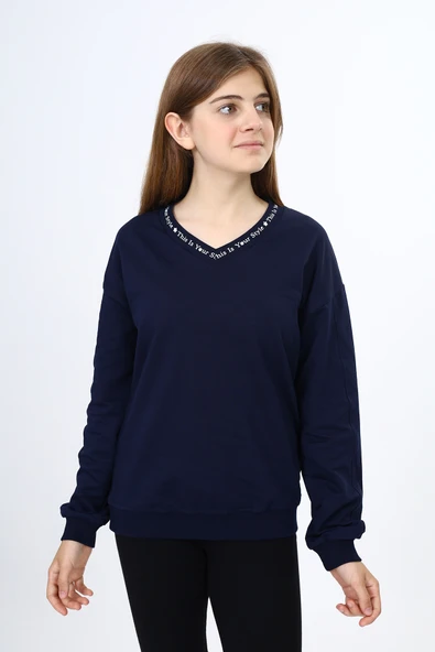 Toontoy Kız Çocuk Regular Fit V Yaka Düşük Omuz Baskılı Sweatshirt - 2 İplik ürün görseli 1