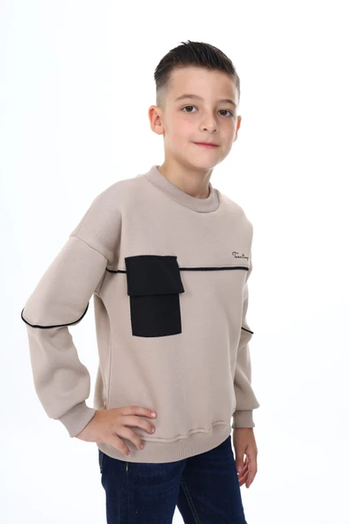 Toontoy Erkek Çocuk Relax Fit Bisiklet Yaka Parçalı Baskılı Sweatshirt - Cep Detaylı & 2 İplik ürün görseli 1