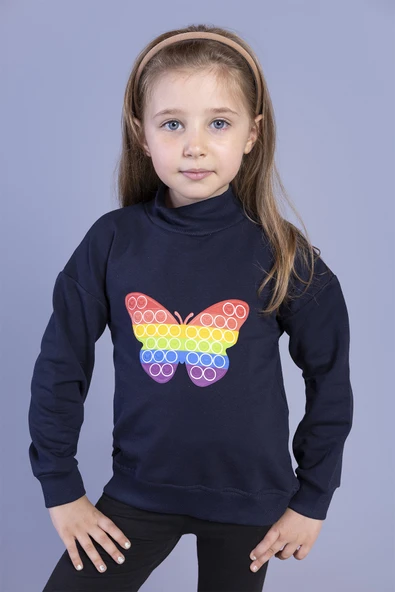 Toontoy Kız Çocuk Relax Fit Yarım Balıkçı Yaka Baskılı Sweatshirt - 2 İplik ürün görseli 1