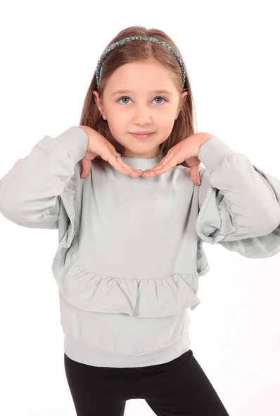 Toontoy Kız Çocuk Oversize Bisiklet Yaka Düşük Omuz Asimetrik Sweatshirt - Fırfır Detaylı & 2 İplik ürün görseli 1