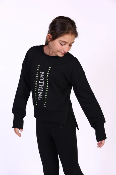Toontoy Kız Çocuk Regular Fit Bisiklet Yaka Düşük Omuz Baskılı Yırtmaçlı Sweatshirt - 2 İplik ürün görseli 1