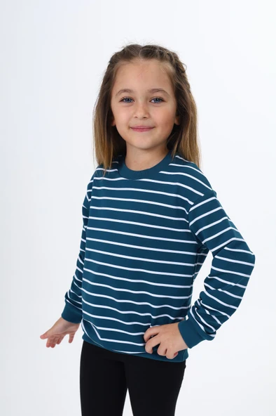 Toontoy Kız Çocuk Regular Fit Bisiklet Yaka Düşük Omuz Çizgili Sweatshirt - 2 İplik ürün görseli 1