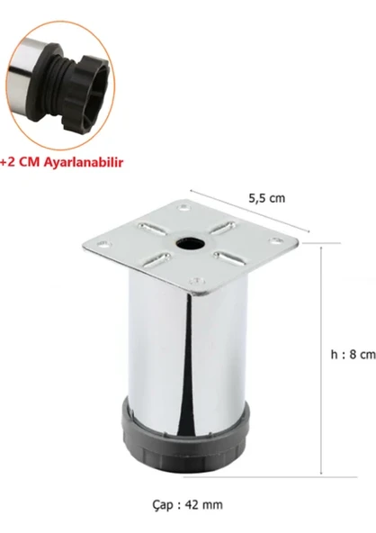 4 ADET ŞENEL Yapı Market 8 cm Metal Mobilya Kanepe Baza Koltuk Metal Destek Ayağı Ayarlanabilir Krom Ayak 42 mm ürün görseli 1