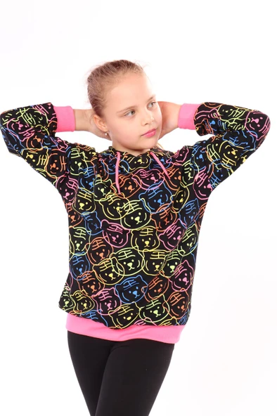 Toontoy Kız Çocuk Oversize Kapüşonlu Düşük Omuz Baskılı Sweatshirt - 2 İplik ürün görseli 1
