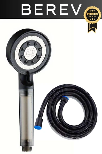 Filtreli 5 Fonksiyonlu Yüksek Basınçlı Ayarlanabilir Duş Başlığı 150 Cm Siyah Hortum ürün görseli 1
