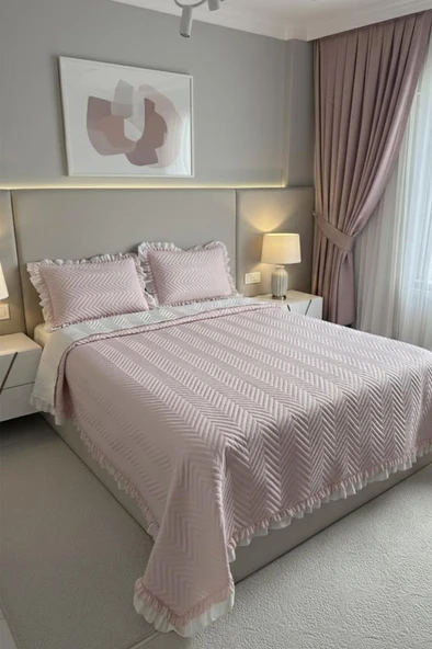 Gonca Çift Taraflı Çift Kişilik Yatak Örtüsü 230x250 Pudra ürün görseli 1