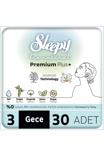 Sleepy Bio Natural Premium Plus Hijyenik Ped Mega Paket Gece 30 Adet ürün görseli 1