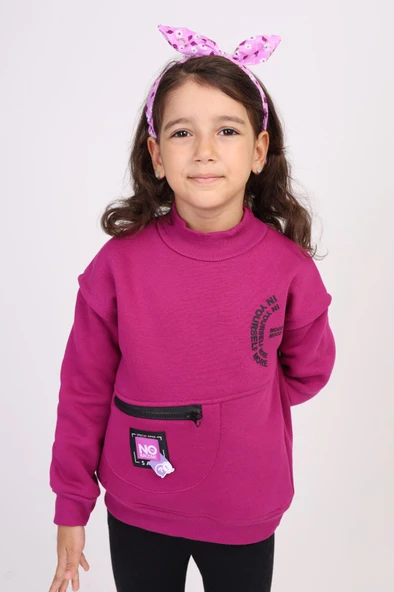 Toontoy Kız Çocuk Relax Fit Dik Yaka Düşük Omuz Cepli Baskılı Sweatshirt - Fermuar Detaylı & 3 İplik Şardonlu ürün görseli 1