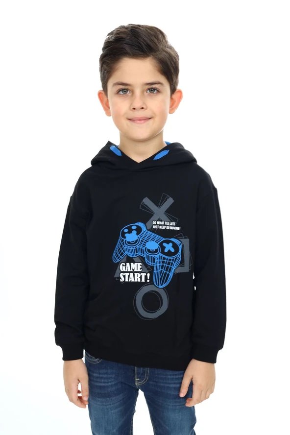 Toontoy Erkek Çocuk Relax Fit Kapüşonlu Cepli Düşük Omuz Baskılı Sweatshirt - 2 İplik ürün görseli 1