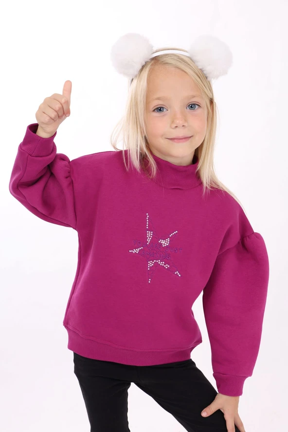 Toontoy Kız Çocuk Relax Fit Dik Yaka Düşük Omuz Kolu Büzgülü Sweatshirt - 3 İplik Şardonlu ürün görseli 1