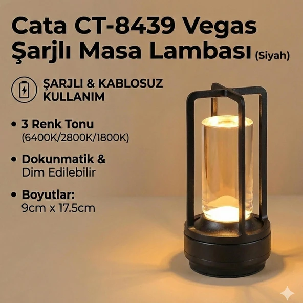 Cata CT-8439 Vegas Şarjlı Masa Lambası Dokunmatik 6400K Siyah ürün görseli 1