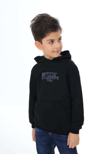 Toontoy Erkek Çocuk Relax Fit Kapüşonlu Cepli Düşük Omuz Baskılı Sweatshirt - 2 İplik ürün görseli 1