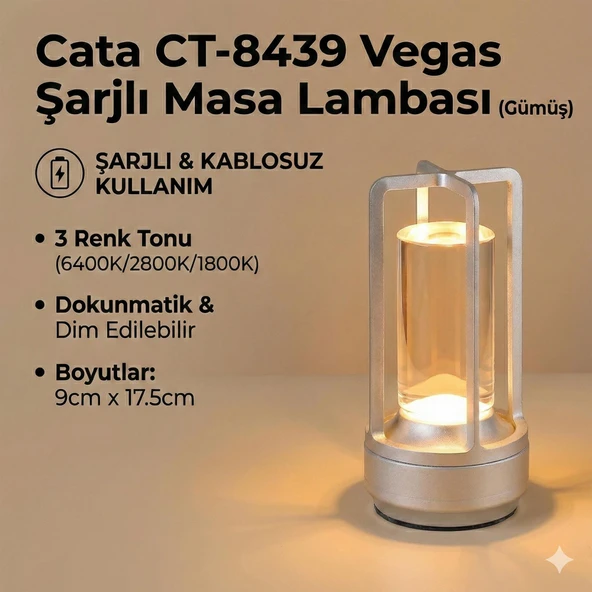 Cata CT-8439 Vegas Şarjlı Masa Lambası Dokunmatik 6400K Gümüş ürün görseli 1