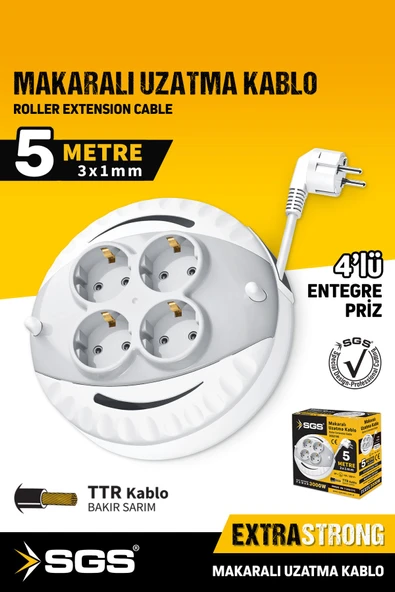 Sgs2190 Makaralı Uzatma Kablo 4 Lü 5 Metre 3x1mm 3000 Watt ürün görseli 1