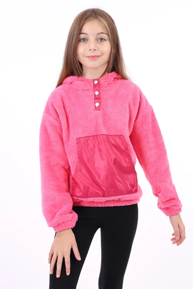 Toontoy Kız Çocuk Oversize Kapüşonlu Çıtçıtlı Cepli Düşük Omuz Peluş Sweatshirt - Garnili ürün görseli 1
