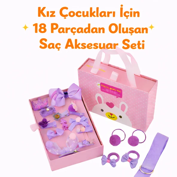 Kız Çocukları İçin 18 Parça Saç Aksesuar Çanta Kutulu Hediye Seti  Şirin ve Renkli Kombinler ürün görseli 1