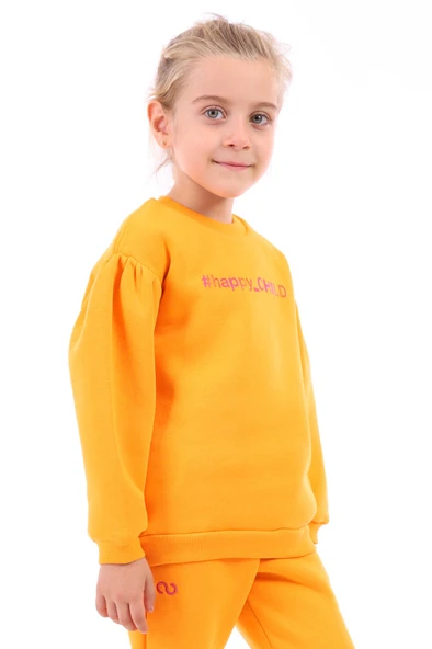 Toontoy Kız Çocuk Oversize Bisiklet Yaka Büzgülü Balon Kollu Baskılı Sweatshirt - 3 İplik Şardonlu ürün görseli 1