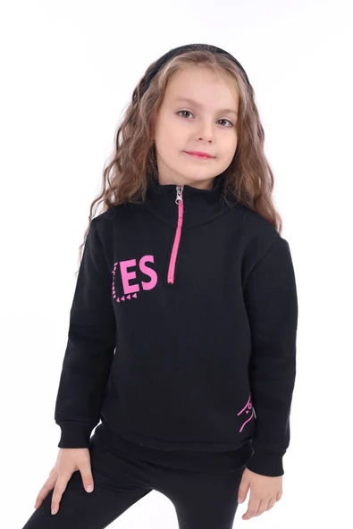 Toontoy Kız Çocuk Relax Fit Dik Yaka Fermuarlı Baskılı Sweatshirt - 3 İplik Şardonlu ürün görseli 1