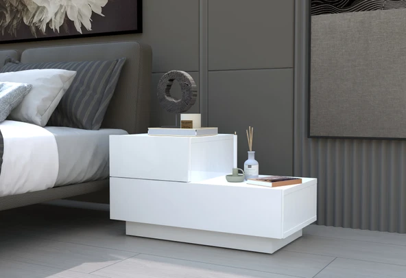 Kayra KMD002 LED Işıklı Komodin – 2 Çekmeceli Modern Tasarım  Beyaz ürün görseli 1