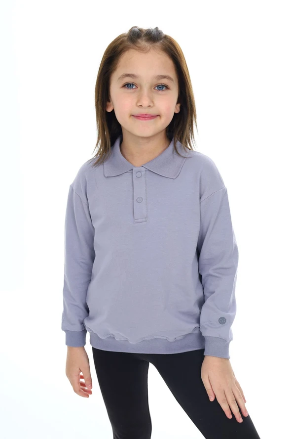 Toontoy Kız Çocuk Regular Fit Polo Yaka Düşük Omuz Nakış Baskılı Sweatshirt - 2 İplik ürün görseli 1