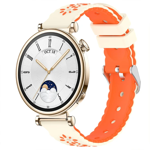 Sneezy Huawei Watch GT4 41mm Uyumlu Çiçek Desenli Yumuşak Silikon Kordon Şık ve Nefes Alabilen Spor Kordon  Turuncu ürün görseli 1