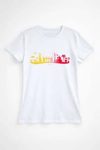 Kadın %100 Pamuk Renkli Antalya Baskılı Beyaz T-Shirt ürün görseli 1