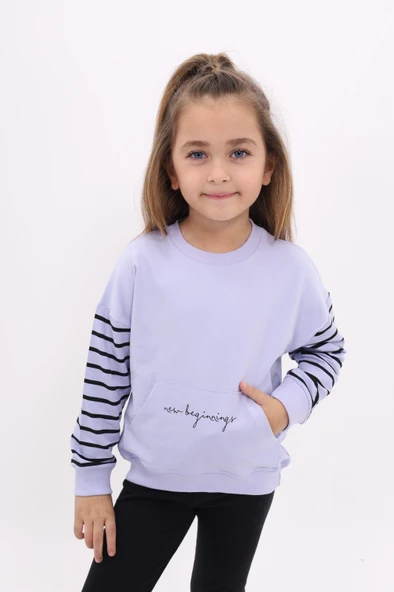 Toontoy Kız Çocuk Relax Fit Bisiklet Yaka Cepli Baskılı Sweatshirt - Kolu Çizgili & 2 İplik ürün görseli 1