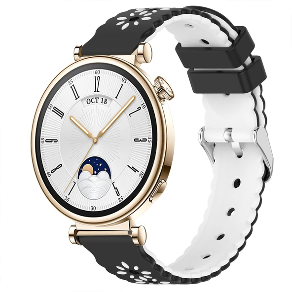 Sneezy Huawei Watch GT4 41mm Uyumlu Çiçek Desenli Yumuşak Silikon Kordon Şık ve Nefes Alabilen Spor Kordon  Siyah ürün görseli 1