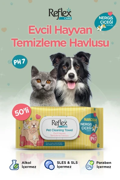 REFLEX CARE EVCİL HAYVANLAR İÇİN ÇOK AMAÇLI HİJYENİK TEMİZLEME HAVLUSU 50'Lİ - NERGİS ÇİÇEĞİ KOKULU ürün görseli 1