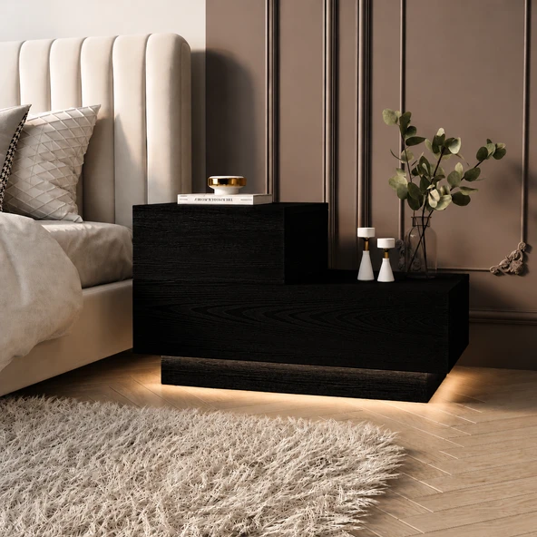 Kayra KMD002 LED Işıklı Komodin – 2 Çekmeceli Modern Tasarım  Ahşap Siyah ürün görseli 1