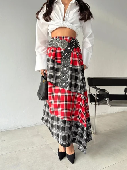 Kadın Kemerli Patchwork Ekose Maxi Etek - Resim 4